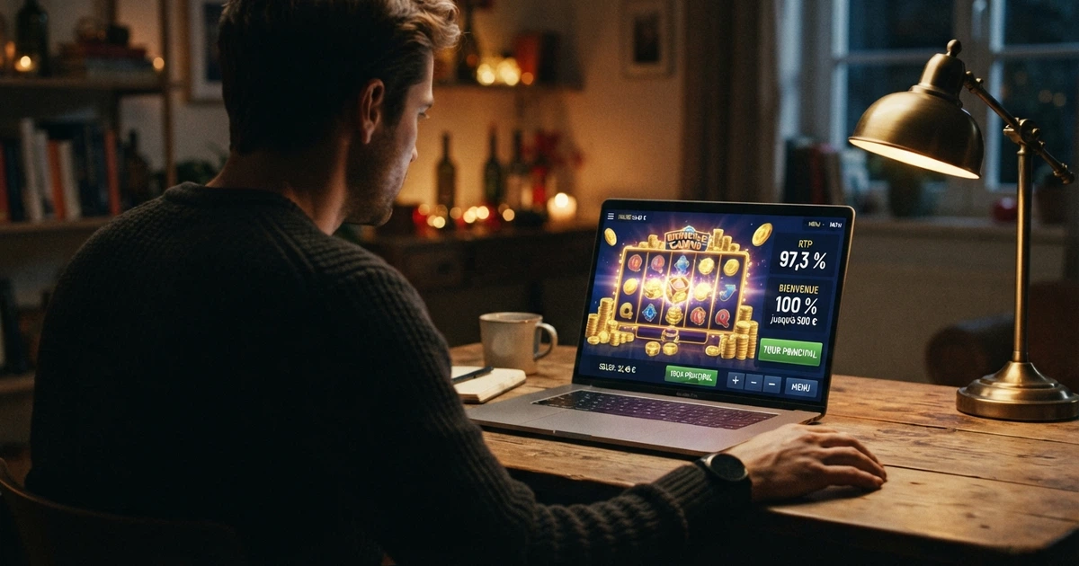 Interface d'un casino en ligne affichant un taux de redistribution et des offres de bonus