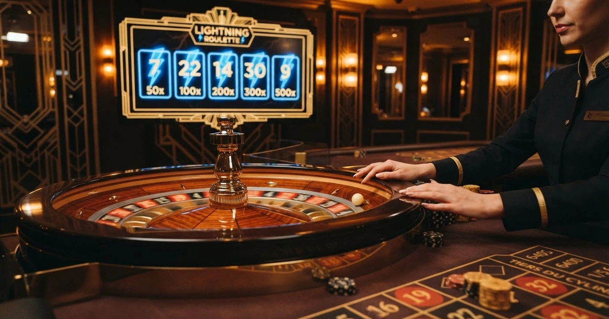 Une roulette Lightning Roulette d'Evolution Gaming sur un écran de casino en direct, avec multiplicateurs lumineux 50x à 500x superposés aux numéros