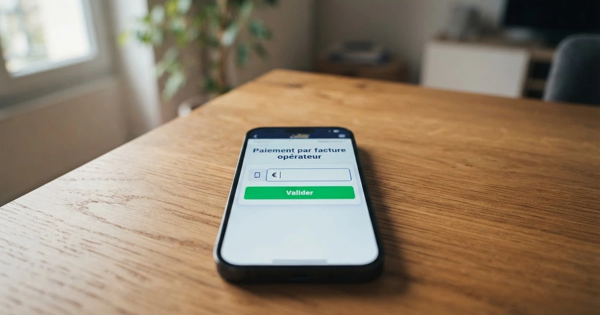 Un téléphone portable posé sur une table, l'écran affichant la page de dépôt d'un casino en ligne avec l'option « Paiement par facture opérateur » mise en évidence