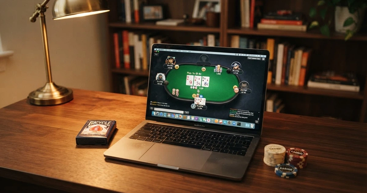 Une table de poker en ligne affichée sur un écran d'ordinateur portable, avec des cartes virtuelles, des jetons numériques et l'interface d'une salle de poker, posé sur un bureau en bois sombre à côté d'un jeu de cartes physique