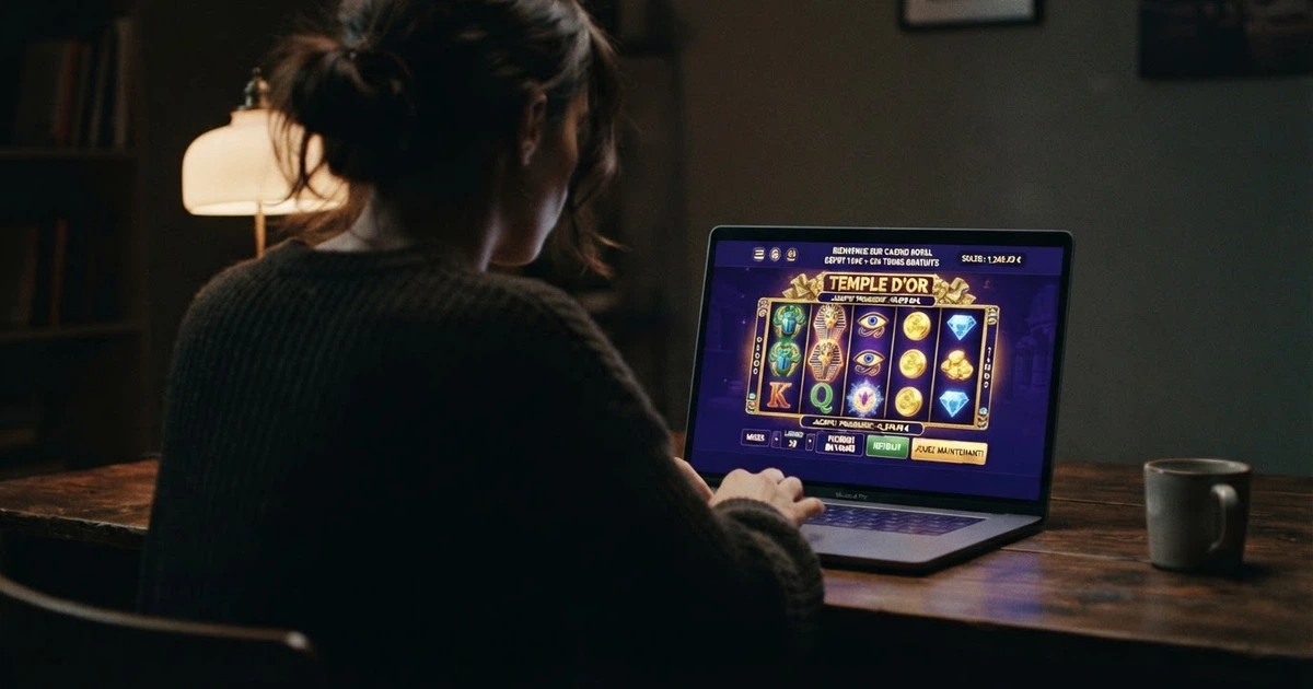 Interface d'un casino en ligne affichant une sélection de machines à sous colorées sur fond sombre, avec menus de navigation