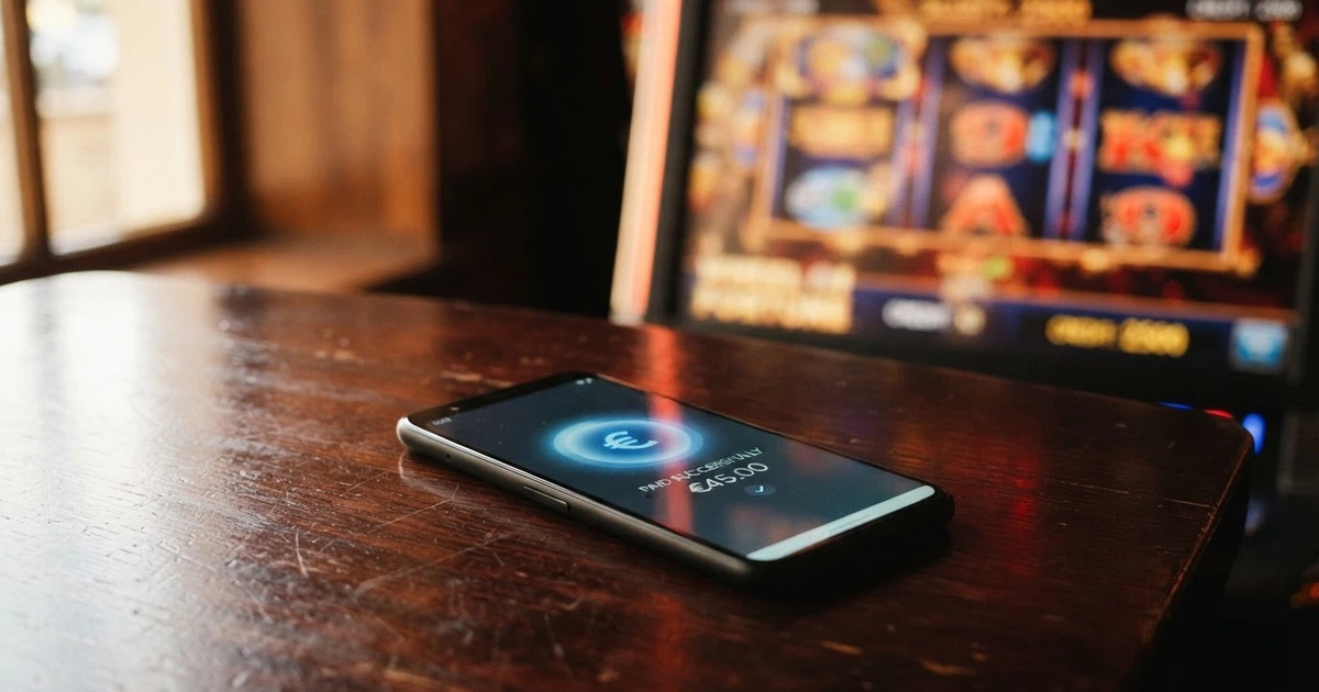 Un iPhone affichant l'écran de paiement Apple Pay avec l'interface d'un casino en ligne en arrière-plan, illustrant la connexion entre le portefeuille mobile et les jeux d'argent.