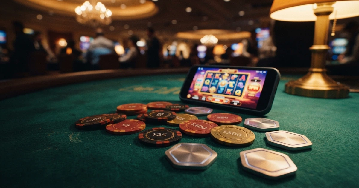 Des jetons de casino à côté de pièces physiques de Bitcoin sur un tapis de jeu vert, écran affichant une interface de casino en ligne en arrière-plan