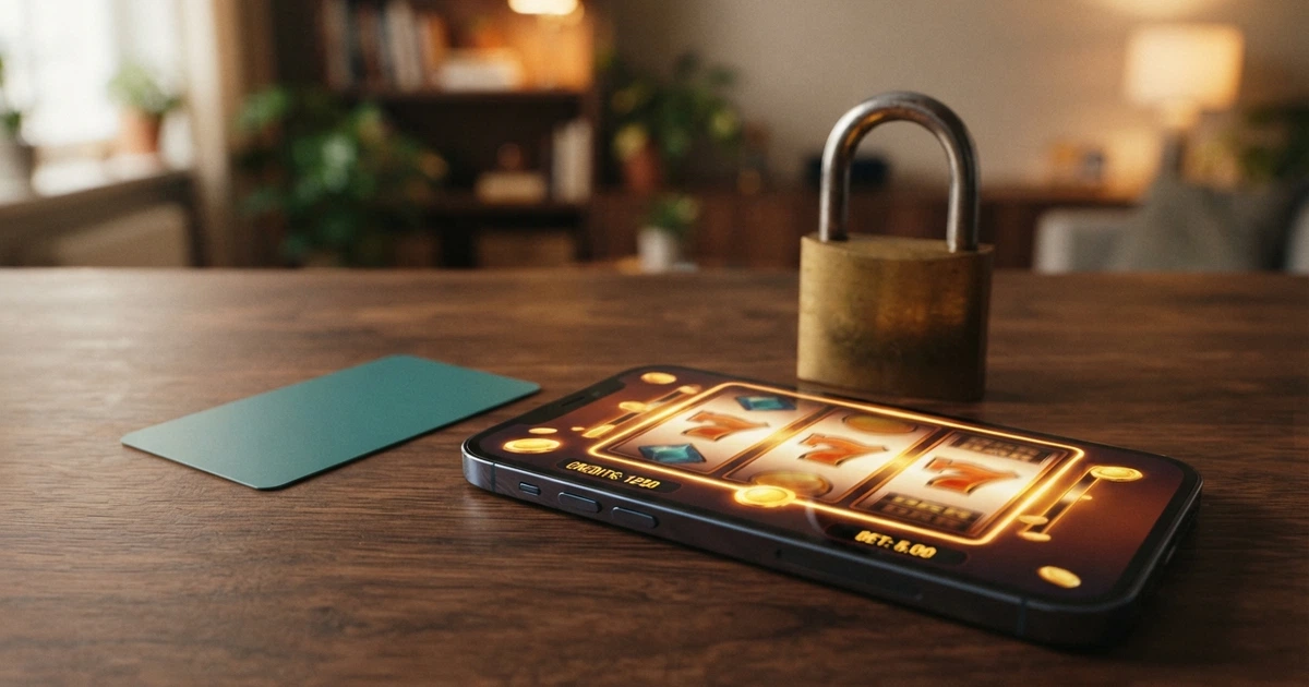 Une carte bancaire posée sur un écran affichant l'interface d'un casino en ligne, avec un cadenas de sécurité visible à l'arrière-plan