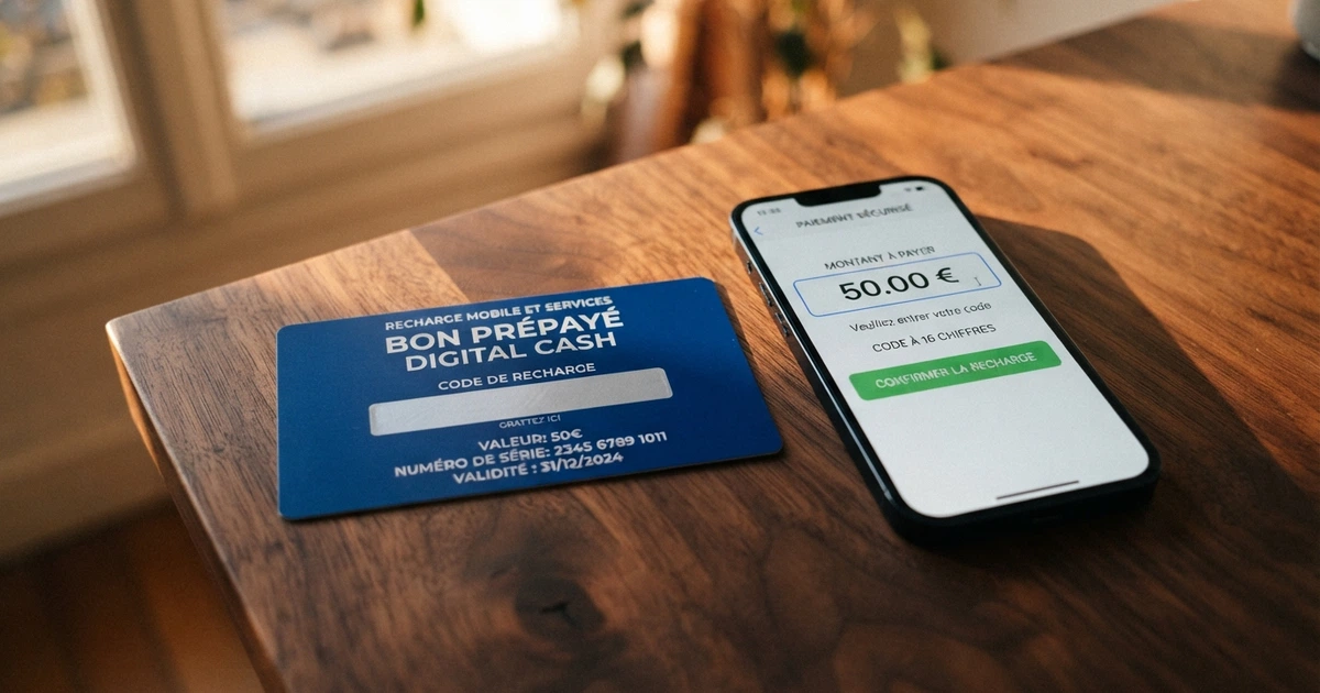 Un ticket prépayé Cashlib bleu posé à côté d'un écran de smartphone affichant la page de dépôt d'un casino en ligne.