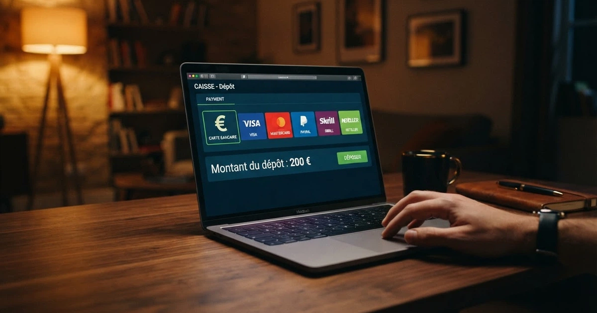 Une caisse de casino en ligne affichant le logo Klarna parmi les méthodes de paiement proposées, avec le montant du dépôt en euros