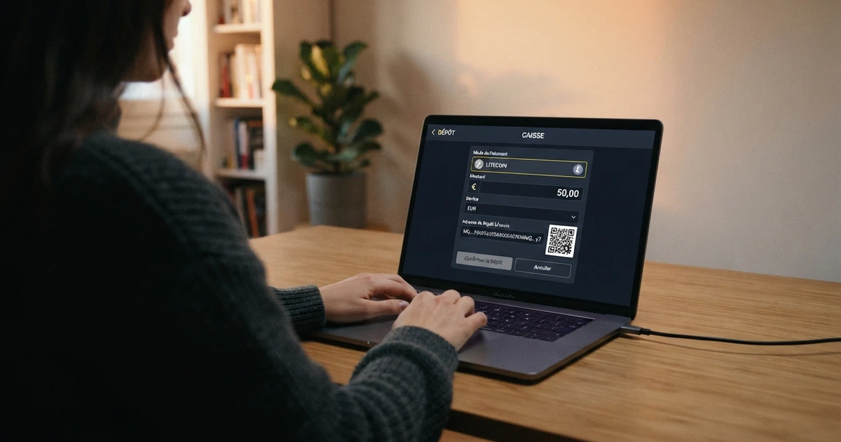 Capture d'écran de l'interface de dépôt d'un casino en ligne affichant l'option Litecoin parmi les moyens de paiement crypto