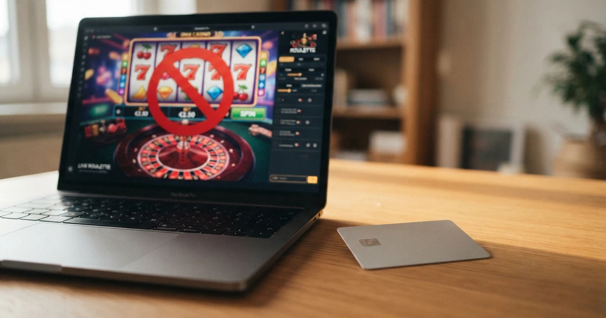 Une carte bancaire N26 posée à côté d'un écran affichant la page d'accueil d'un casino en ligne barrée d'un symbole d'interdiction