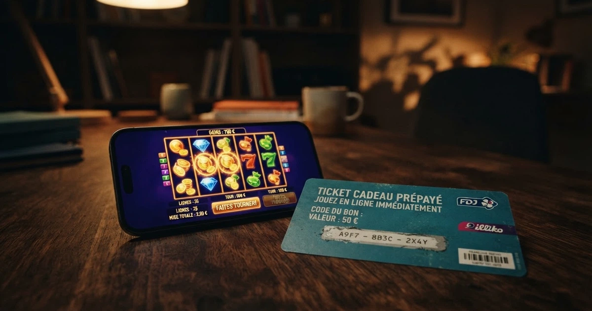 Illustration d'un casino en ligne avec un voucher Neosurf et des machines à sous sur l'écran