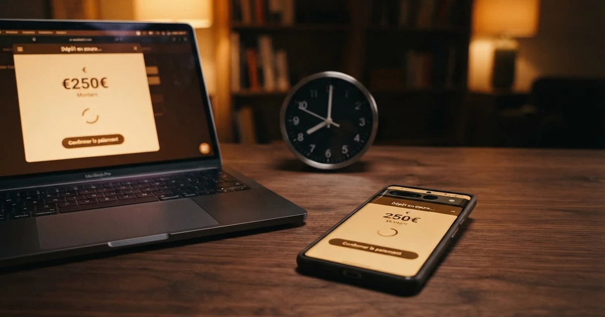 Un téléphone et un ordinateur portable affichant côte à côte l'interface de dépôt d'un casino en ligne, avec une horloge et une icône de transfert bancaire instantané superposées