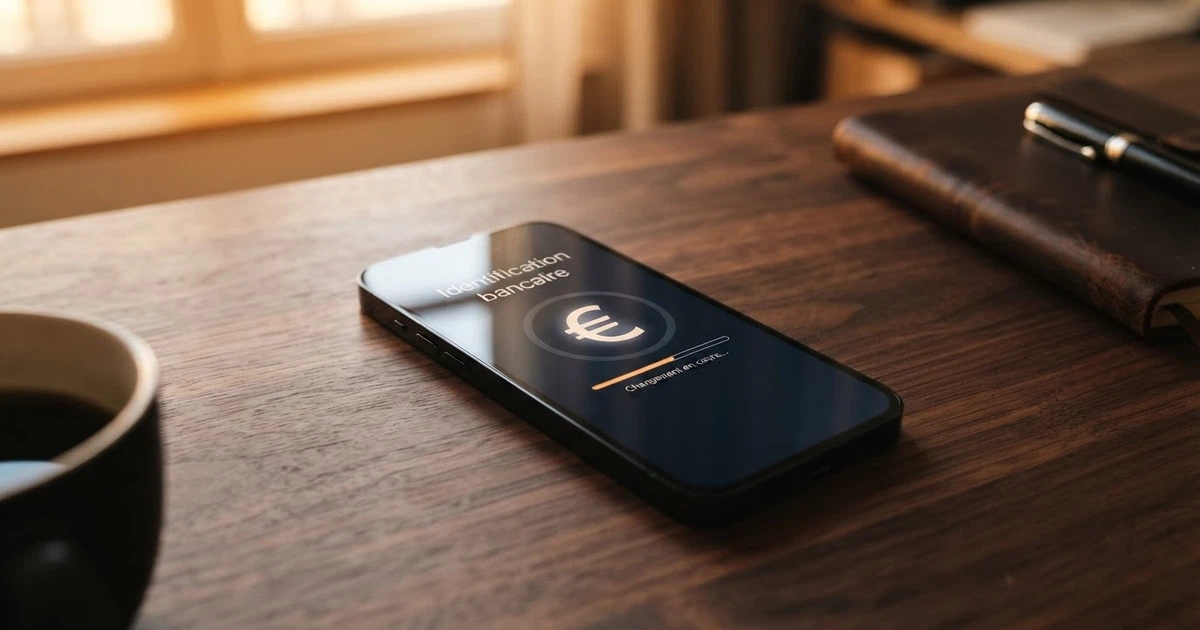 Un téléphone affichant une interface de casino en ligne avec le logo Trustly et la mention « identification bancaire en cours »