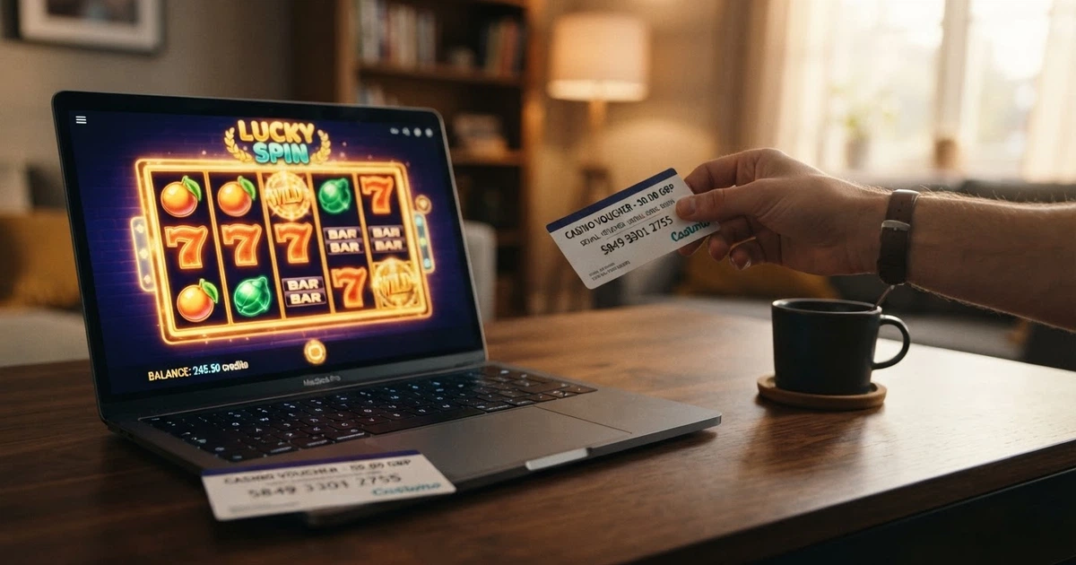 Un code PIN Paysafecard à 16 chiffres posé sur l'écran d'un casino en ligne affichant des machines à sous