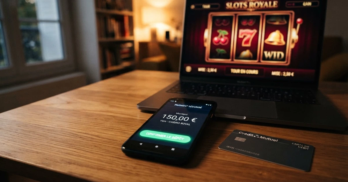 Un téléphone affichant l'application Revolut à côté d'une interface de casino en ligne sur un écran d'ordinateur, une carte bancaire posée entre les deux