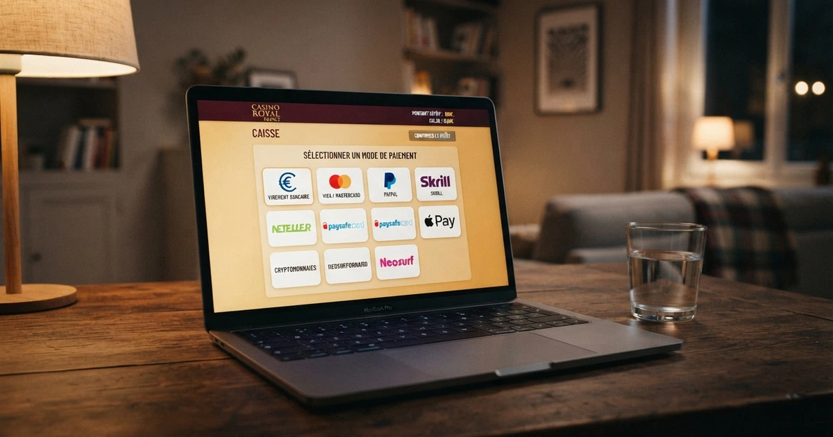 Interface de casino en ligne affichant le logo Skrill parmi les options de paiement disponibles