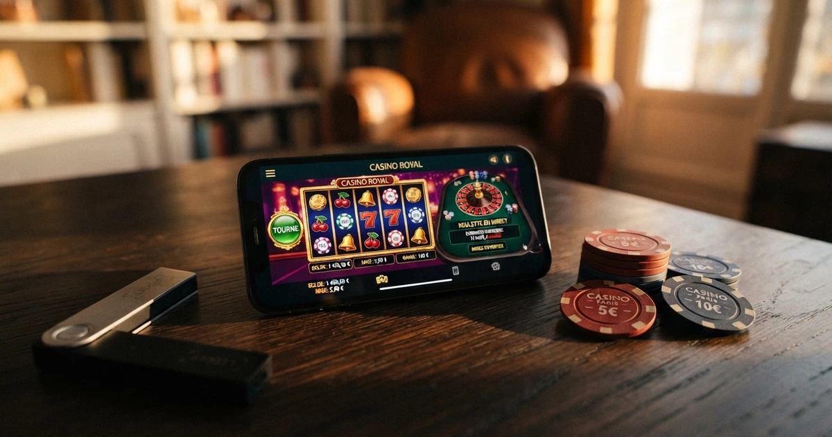 Un téléphone affichant l'interface d'un casino en ligne avec le logo Tether USDT en évidence, posé sur une table à côté d'un portefeuille crypto physique