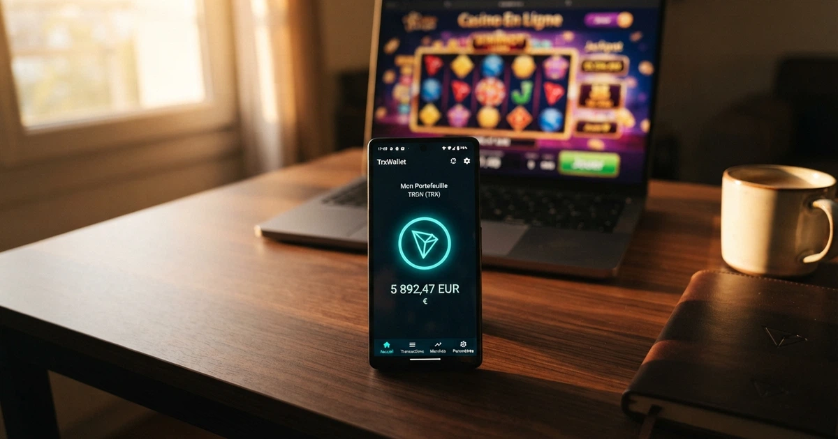 Un portefeuille crypto TronLink affiché sur l'écran d'un smartphone, le logo TRX bien visible au centre, avec l'interface d'un casino en ligne en arrière-plan flouté