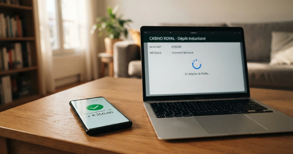 Un téléphone affichant une application bancaire avec la confirmation d'un virement instantané SEPA de 10 secondes, posé à côté d'un écran d'ordinateur ouvert sur la caisse d'un casino en ligne.