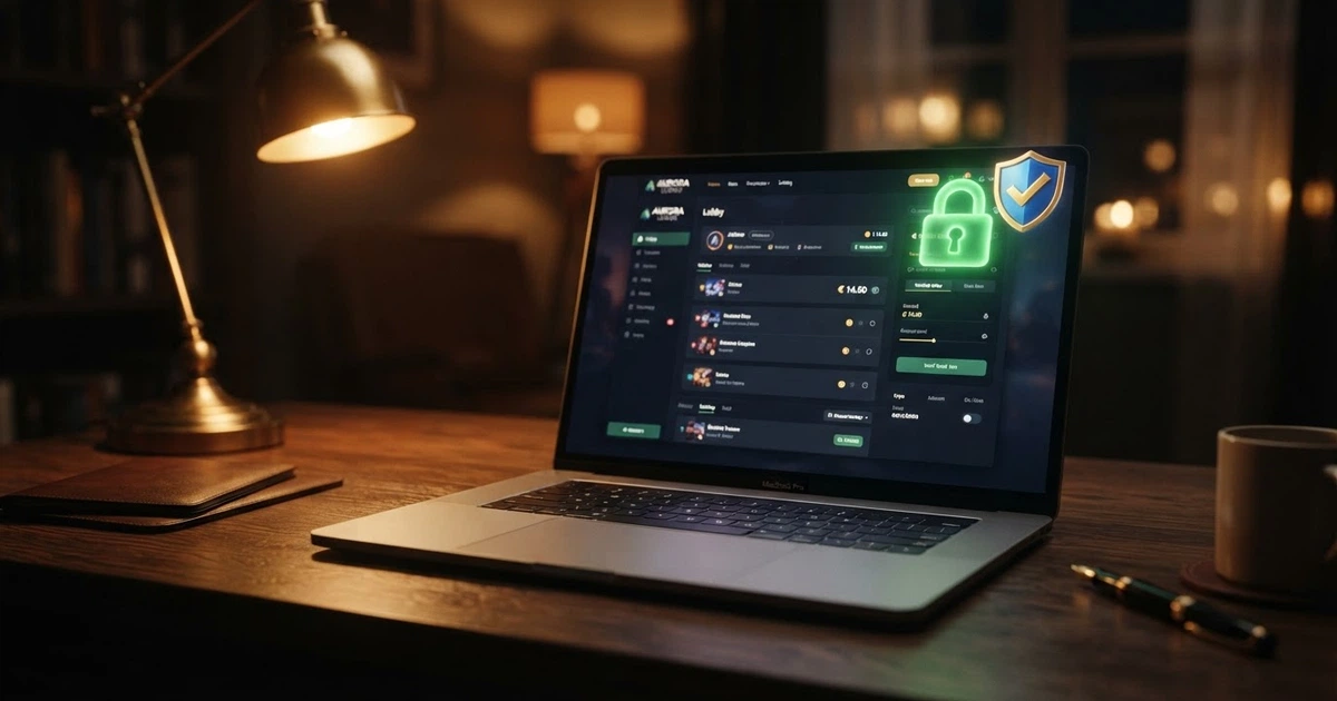 Interface d'un casino en ligne affichant une vérification de licence et un cadenas de sécurité