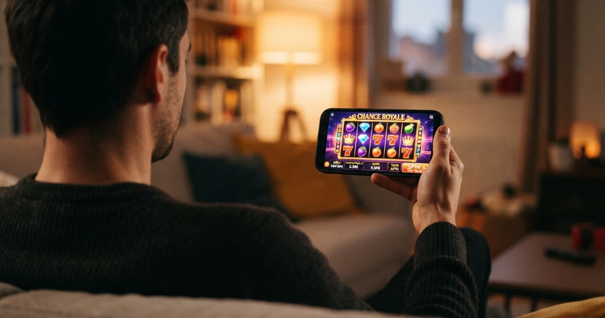 Un joueur consulte un casino mobile sur l'écran de son téléphone, le navigateur ouvert sur une page de machines à sous en HTML5