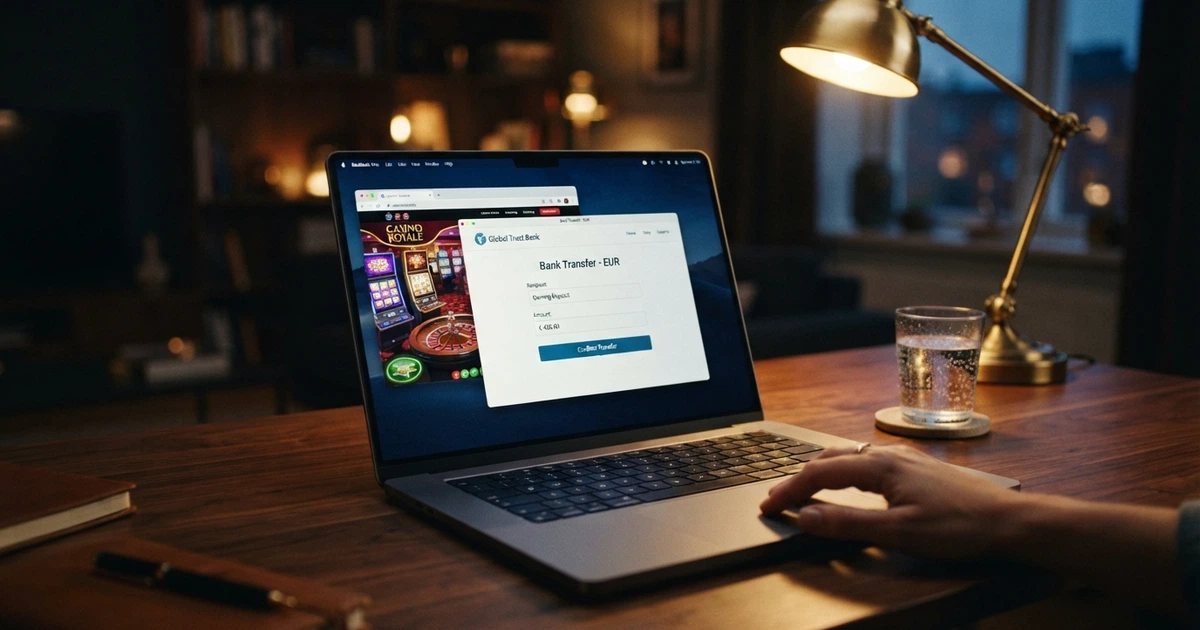 Un écran affichant une interface de virement bancaire SEPA avec un formulaire de casino en ligne en arrière-plan, vu sur un ordinateur portable
