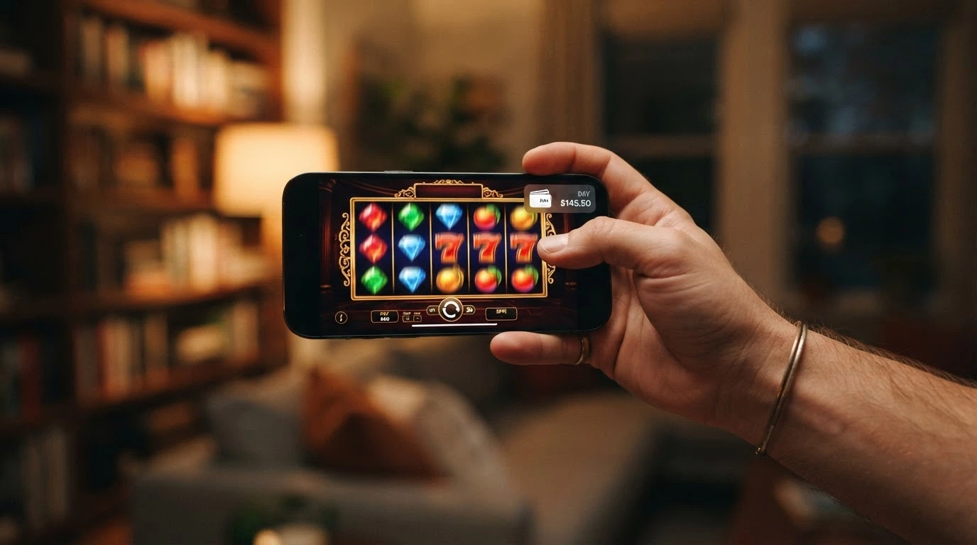 Une main tenant un smartphone en mode paysage avec une machine à sous colorée à l'écran et l'icône Google Pay en surimpression