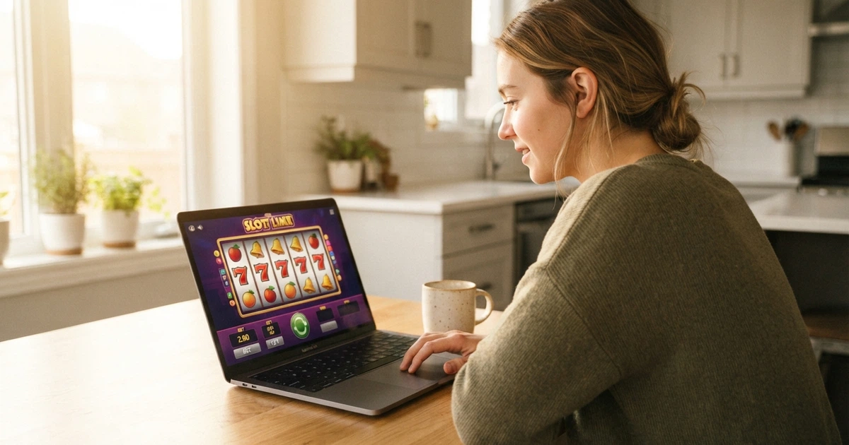 Une femme assise devant un écran d'ordinateur portable affichant une interface de machine à sous colorée, un café à la main, souriant dans un salon lumineux
