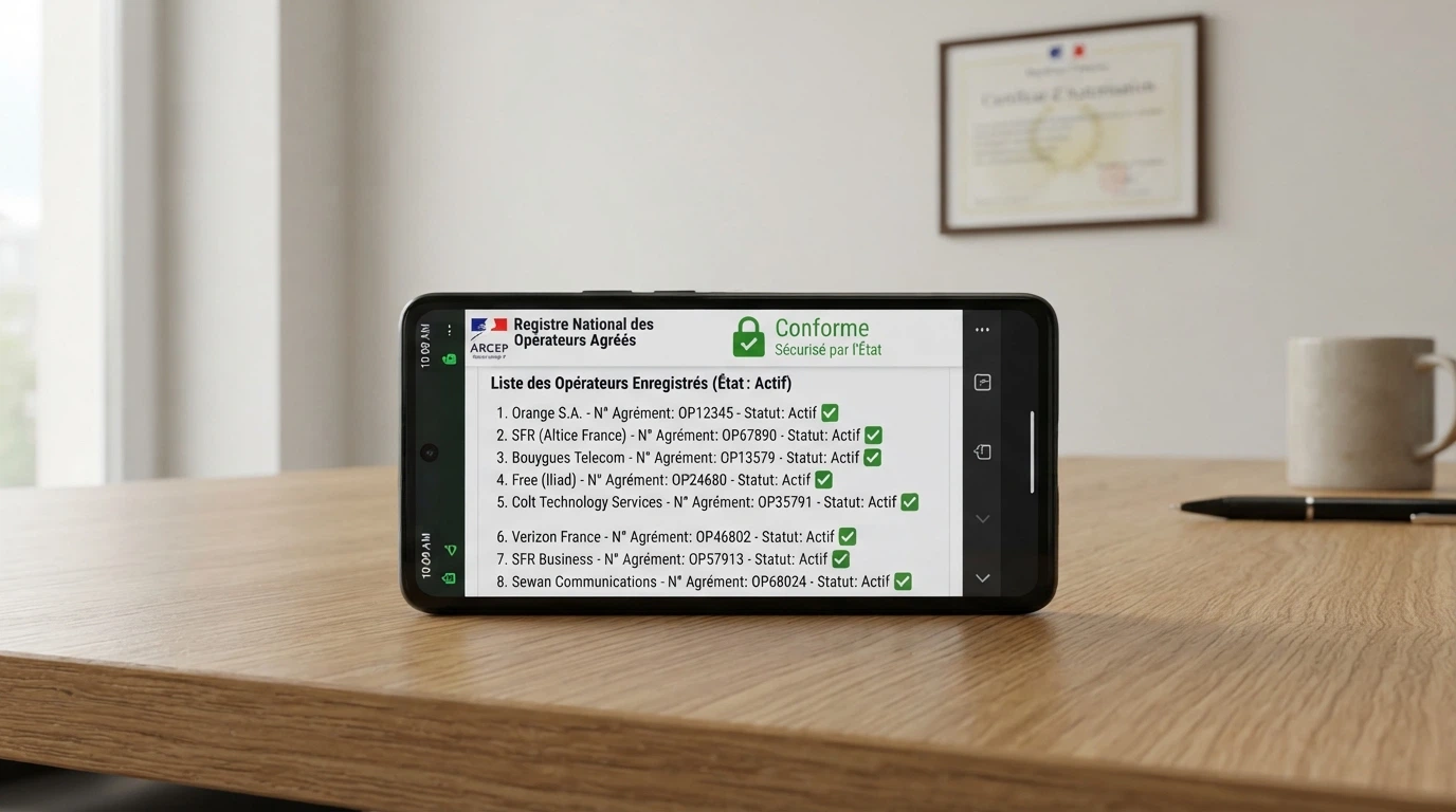 Interface du registre des opérateurs agréés de l'ANJ affichée sur un écran de mobile, avec le cadenas de sécurité