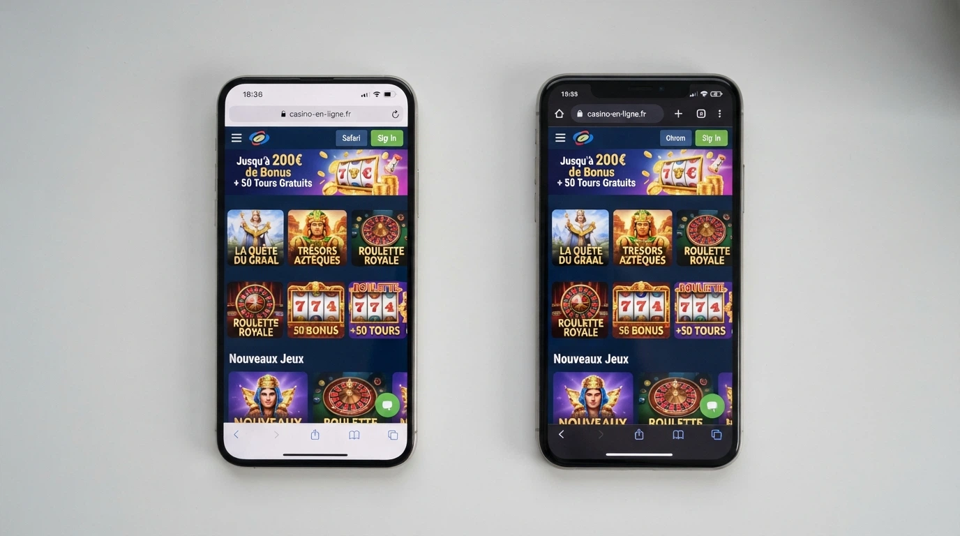 Comparaison visuelle d'un casino mobile ouvert dans Safari sur iPhone et dans Chrome sur Android, sans application native