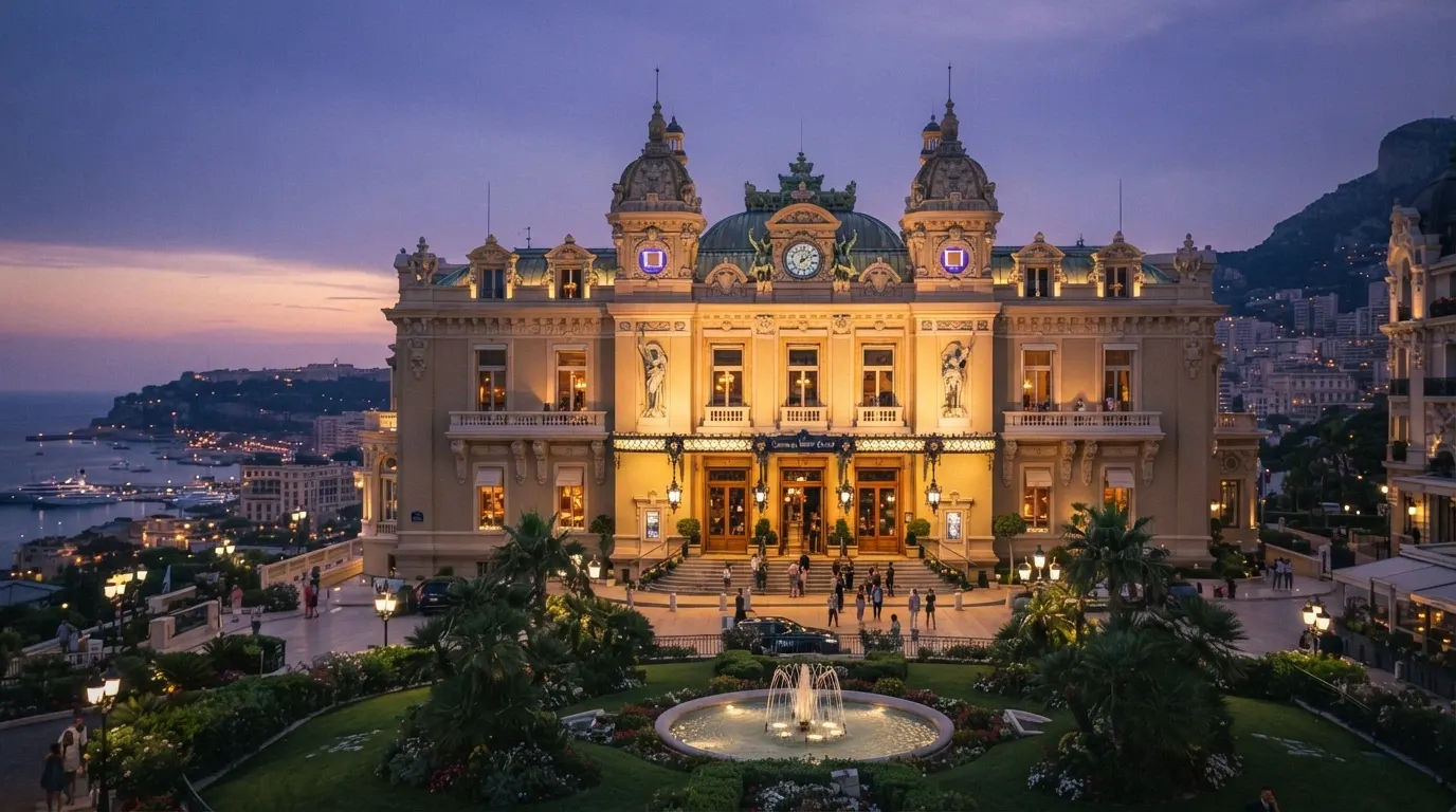 La façade Belle Époque du Casino de Monte-Carlo illuminée au crépuscule, avec la place du Casino et les jardins en contrebas
