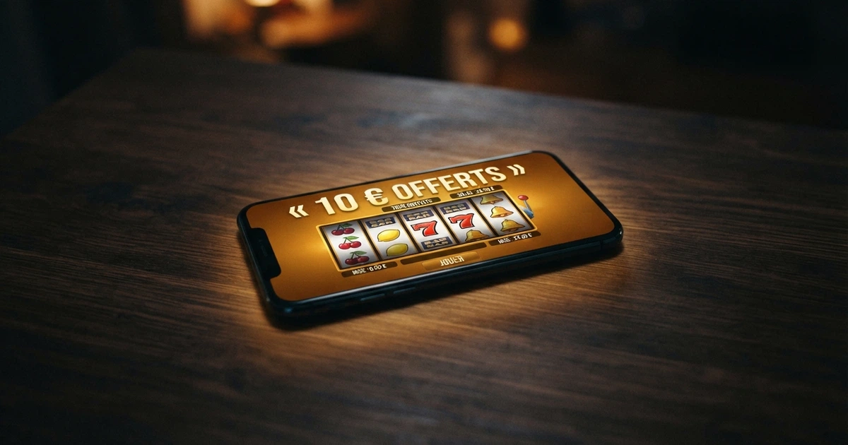 Écran d'accueil d'un casino en ligne affichant une bannière « bonus sans dépôt 10 € offerts »