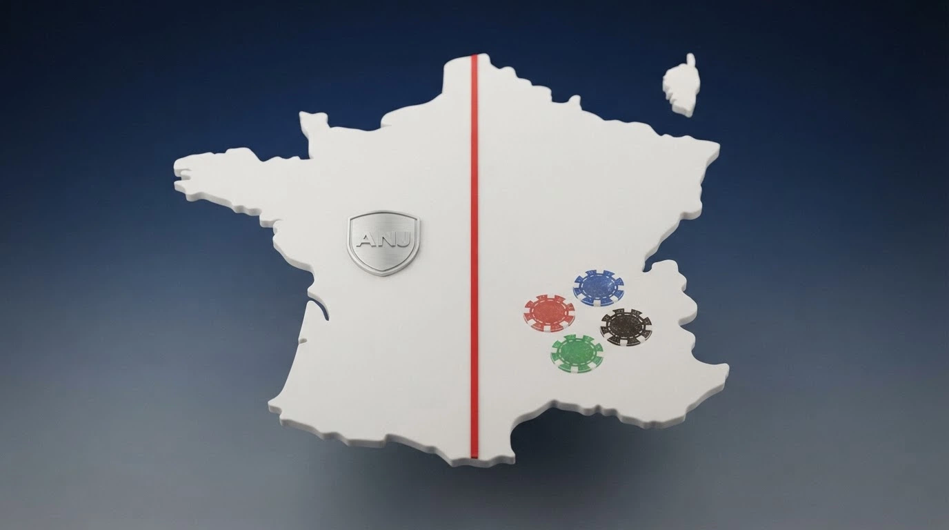 Une carte de la France avec les logos de l'ANJ d'un côté et, de l'autre, des icônes de casino marquées d'un sceau « Curaçao », séparées par une ligne rouge.