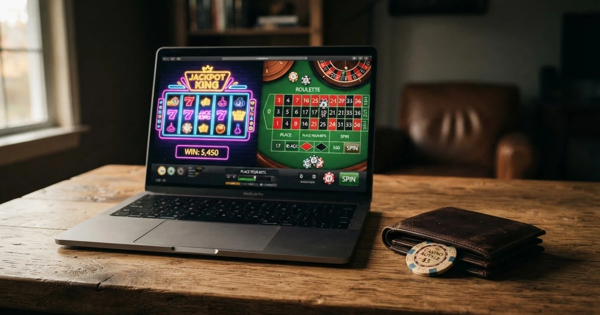 Un écran d'ordinateur affichant la page d'accueil d'un casino en ligne et, posé à côté, un portefeuille fermé avec une pièce d'identité glissée hors de sa pochette