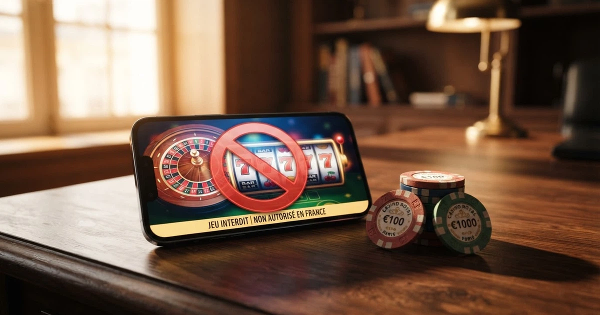 Un écran affichant une page de résultats fiscaux français à côté d'une interface de casino barrée d'un symbole d'interdiction