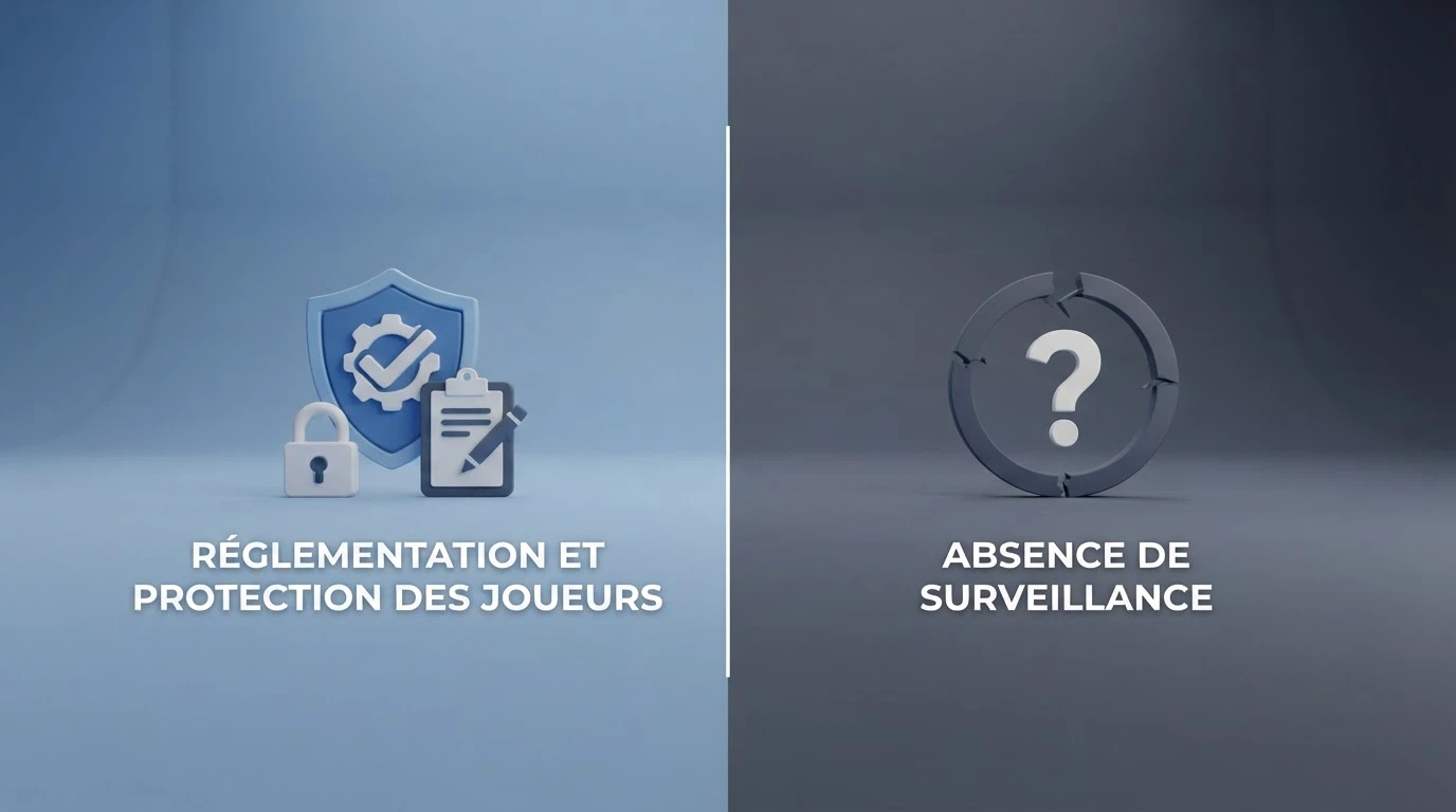 Illustration comparative en deux colonnes : à gauche, un casino agréé ANJ avec les logos des protections (IVJ, modération, Joueurs Info Service) ; à droite, un casino offshore sans ces protections