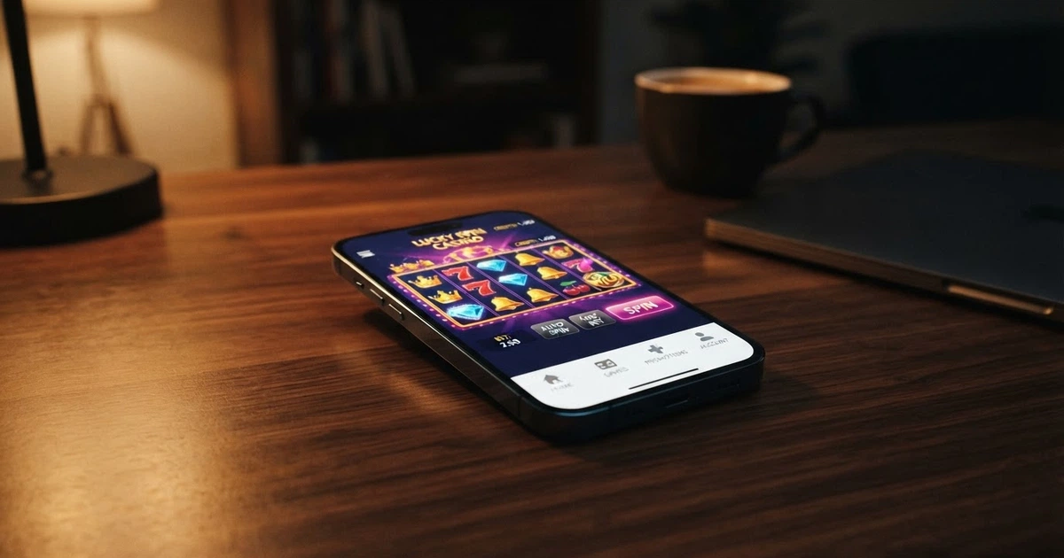 Écran de smartphone affichant une interface de jeu de casino mobile avec des icônes de machines à sous et un menu de navigation