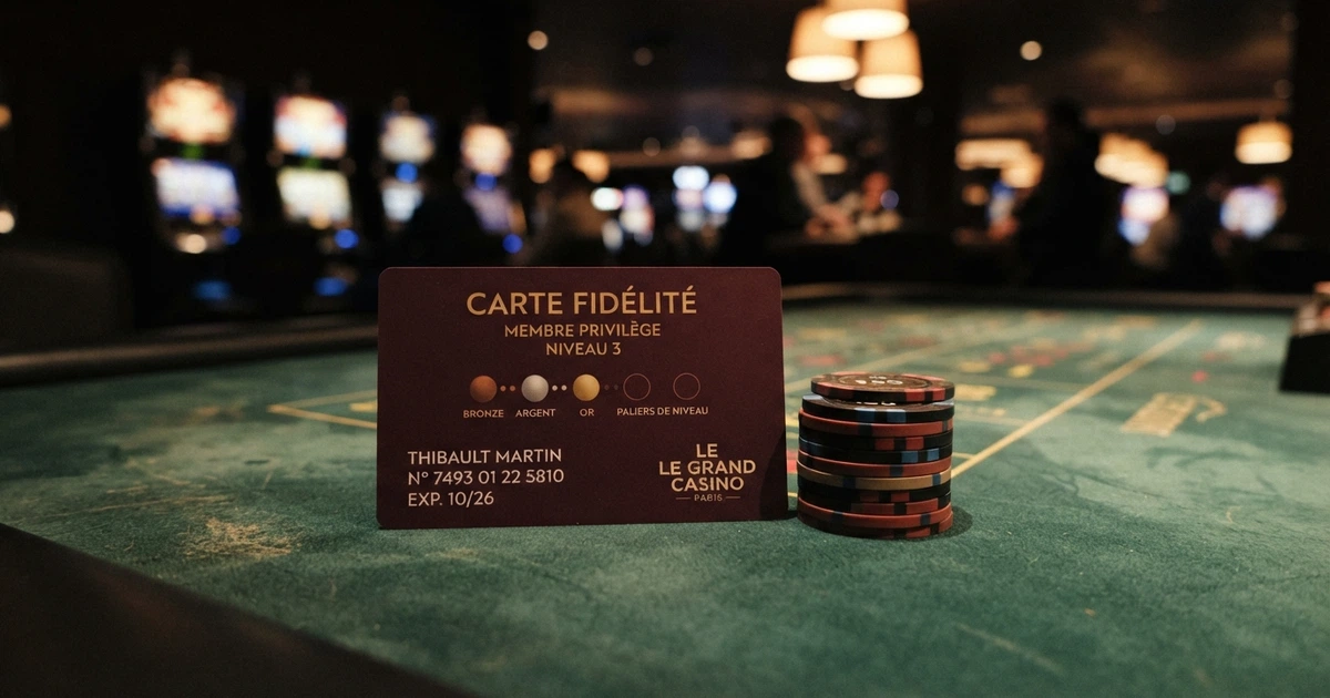 Casinos avec programme de fidélité : carte de fidélité et jetons sur un tapis de casino