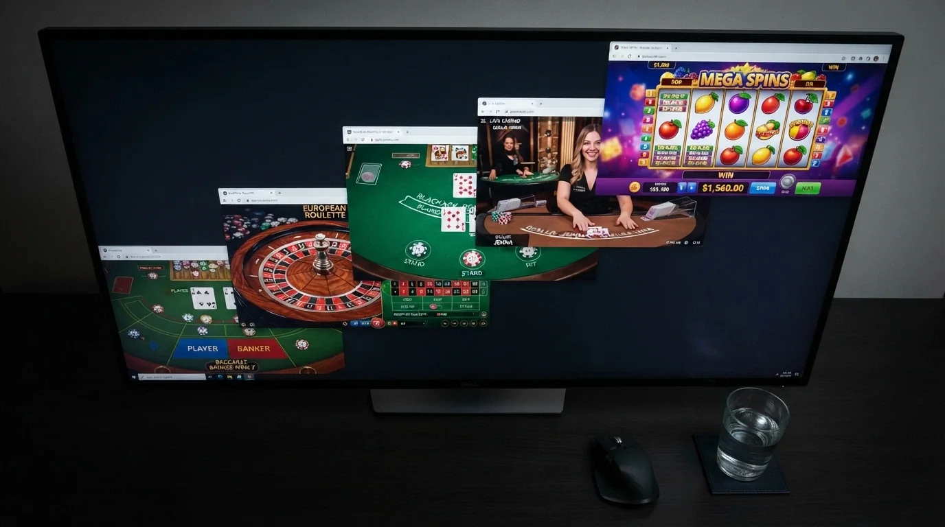 Plusieurs fenêtres de casinos en ligne ouvertes sur un écran, illustrant la diversité des plateformes offshore