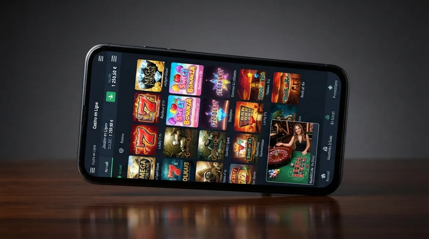 Écran de téléphone affichant une grille de machines à sous mobiles colorées avec l'icône d'un croupier en direct en vignette