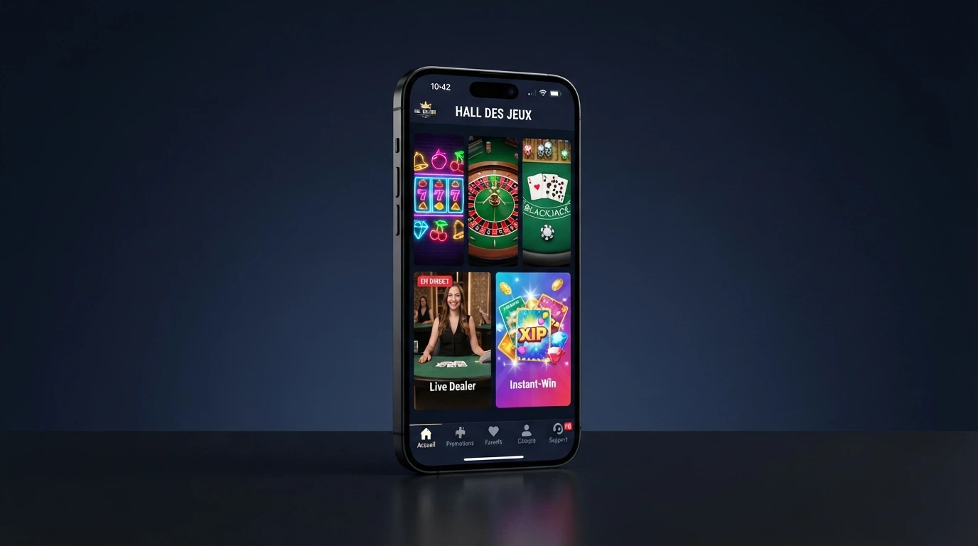 Écran d'iPhone affichant une grille de jeux de casino — machines à sous, roulette et vignettes de casino en direct — en mode portrait