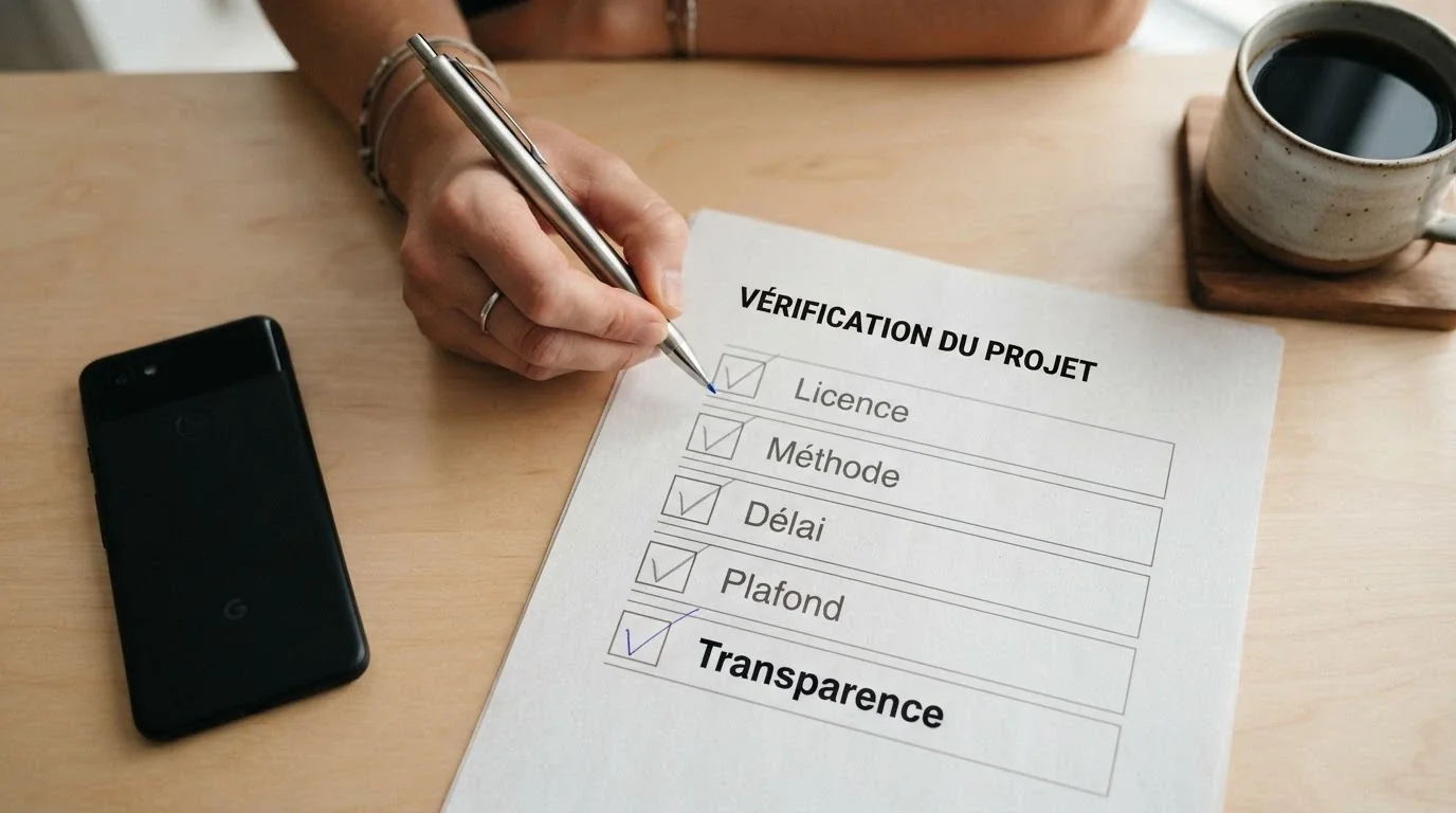 Une main tenant un stylo devant une liste à cocher de cinq cases : licence, méthode, délai, plafond, transparence — la dernière case est en train d'être cochée.