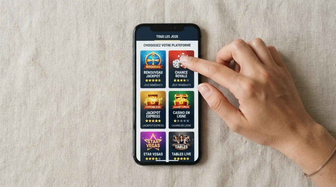 Écran de smartphone affichant une grille de logos de casinos avec des notes et des étoiles, l'index pointé sur l'un d'eux.