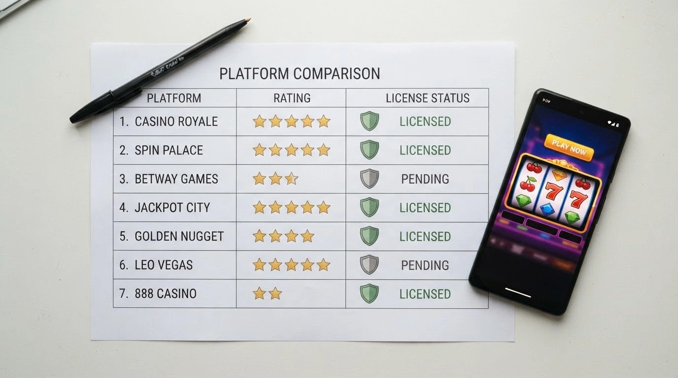 Une grille comparative de casinos en ligne avec des notes, des étoiles et des badges de licence, posée sur un bureau à côté d'un smartphone
