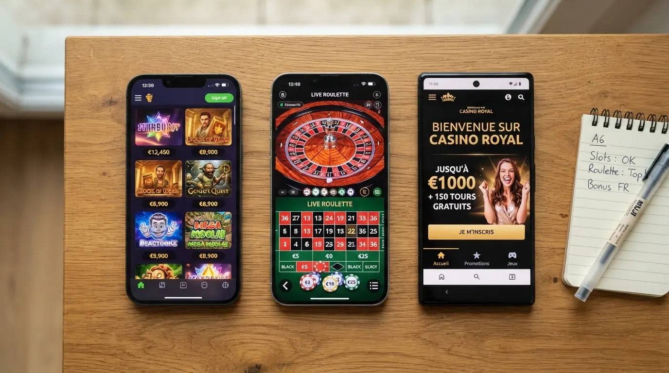 Interface mobile montrant côte à côte plusieurs écrans d'accueil d'applications casino avec leurs offres de bonus
