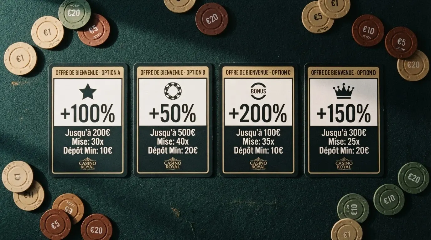Une vue comparative de fiches casinos alignées côte à côte, mettant en évidence le bonus, la mise et le dépôt minimum de chaque opérateur
