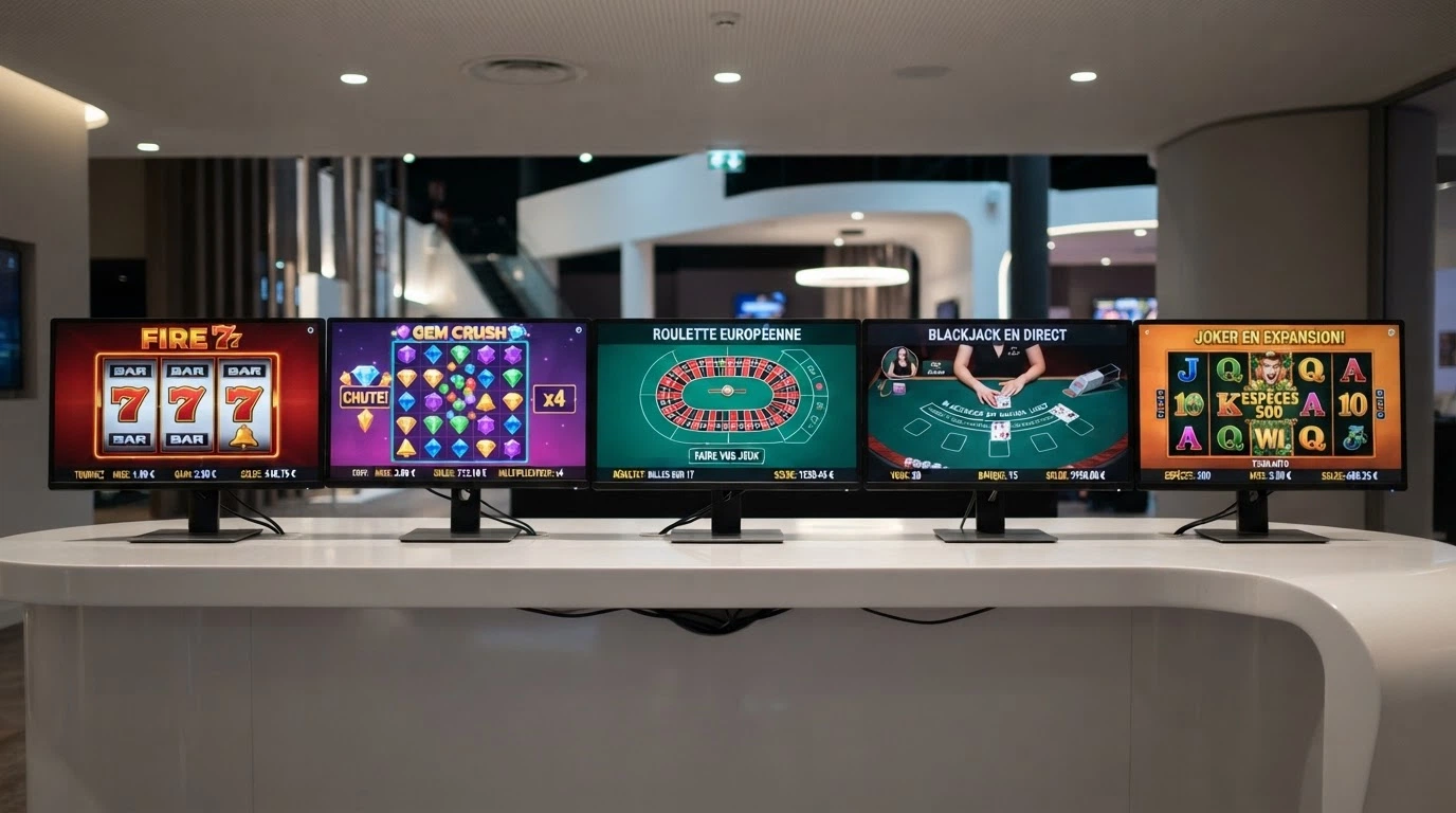 Une rangée de vitrines de casinos en ligne avec leurs logos et offres de bienvenue mises en avant, vues de face