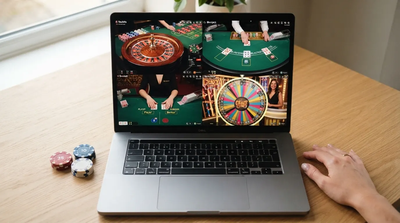 Tableau comparatif affichant les noms de cinq casinos en ligne, leur statut réglementaire et les types de jeux de casino en direct proposés