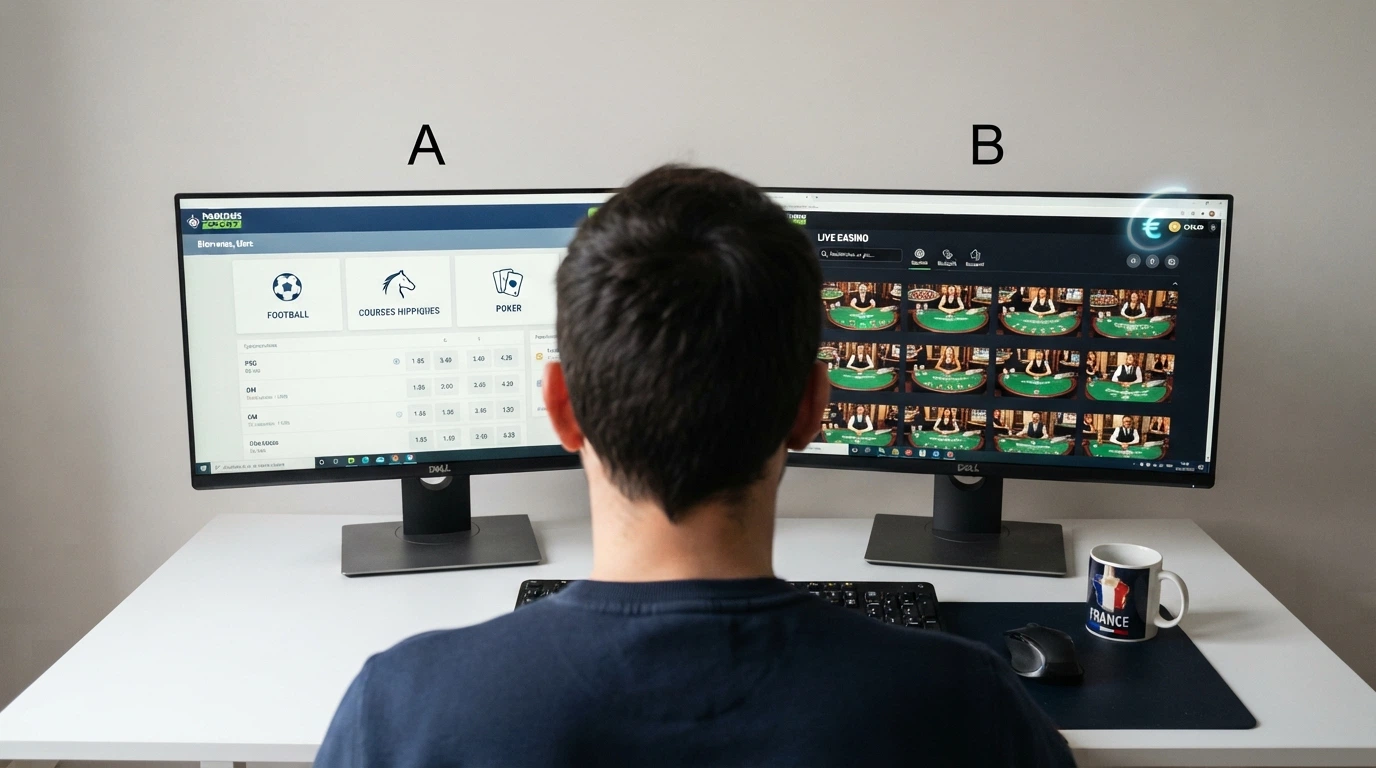 Écran partagé montrant d'un côté l'interface d'un opérateur agréé ANJ (sans onglet casino) et de l'autre le lobby live casino d'un opérateur offshore avec des tables de punto banco Evolution et Pragmatic Play.