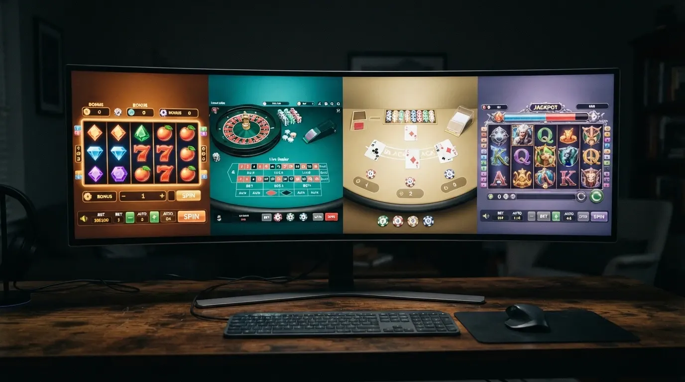 Écran partagé montrant plusieurs interfaces de casinos en ligne, avec une colonne de dépôt sans RIB mise en évidence