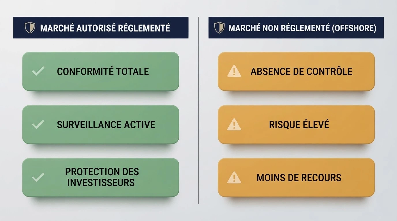 Deux colonnes côte à côte : à gauche les logos d'opérateurs agréés ANJ (Betclic, Winamax, Unibet) sous une coche verte, à droite les casinos offshore sous un point d'exclamation orange