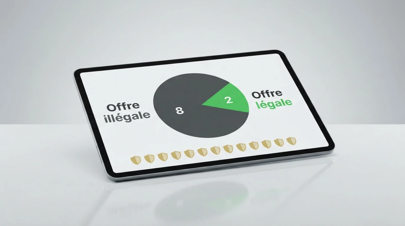 Un écran d'ordinateur affichant un tableau comparatif de casinos en ligne avec des icônes de licence et des pourcentages de bonus.